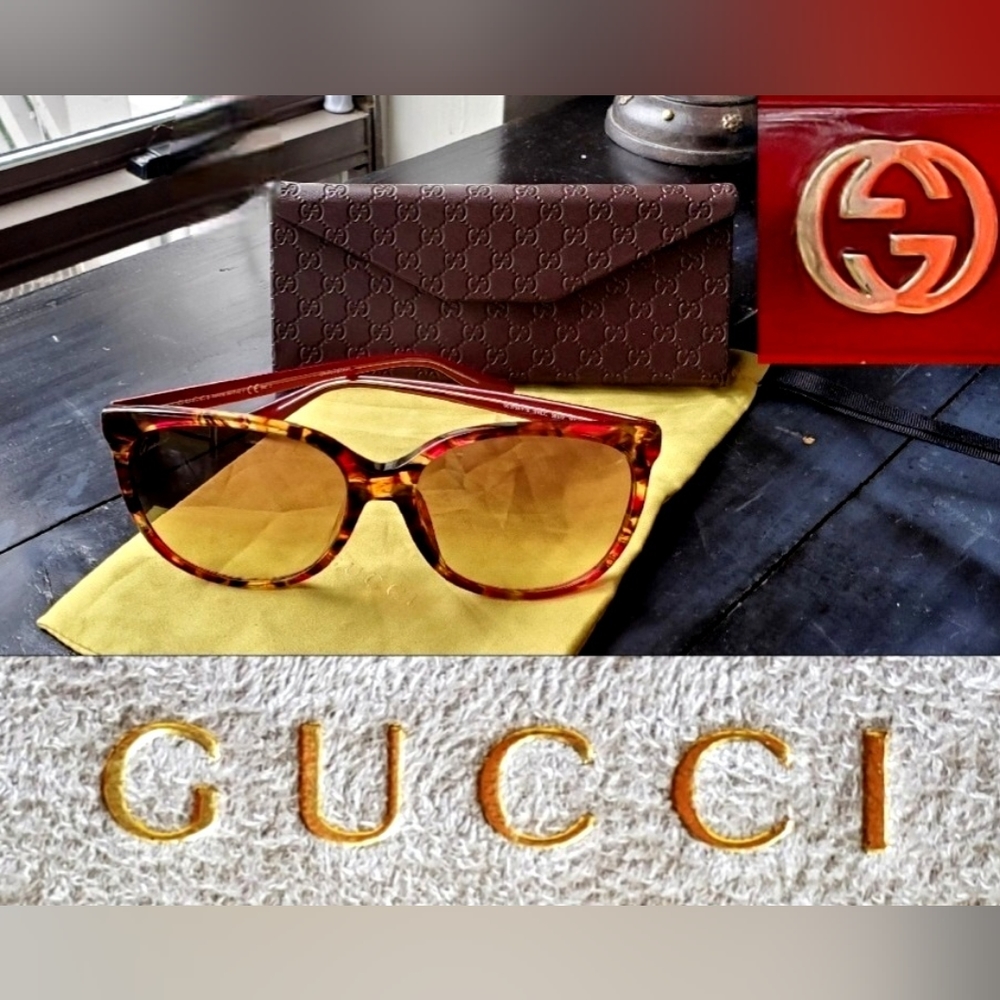 Authentic GUCCI GG Tortoise Shell Frame Sunglasses with Red Arms